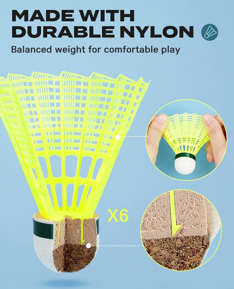 AboveGenius Badminton Rackets Set of 4 for Outdoor Backyard Games, Including 4 Rackets, 6 Nylon Badminton Shuttlecocks, Lightweight Badminton Racquets for Beginners