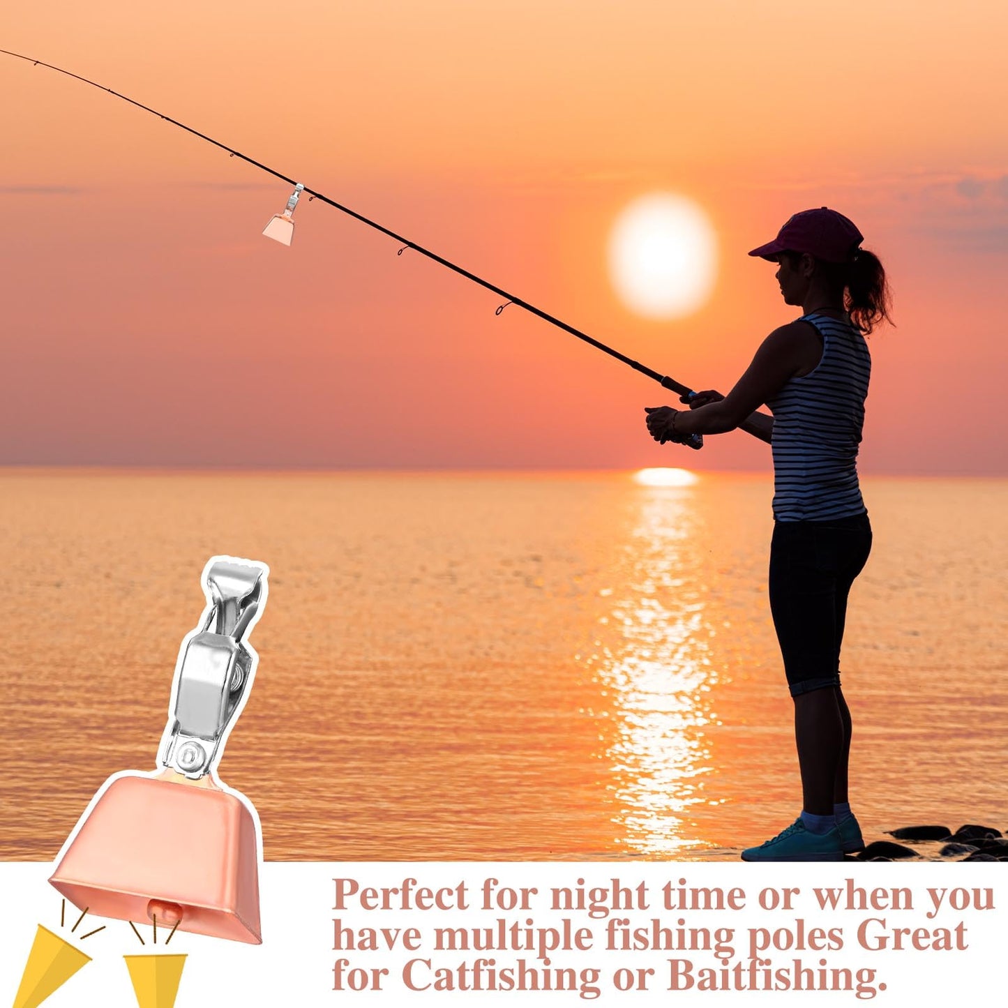 Soulchen 20 Pcs Copper Fishing Bells Fishing Pole Copper Catfish Bells Alert with Clamp Clip on Poles Catfishing Equipment Angling Rings Ice Accessories for Angling Rod Tips