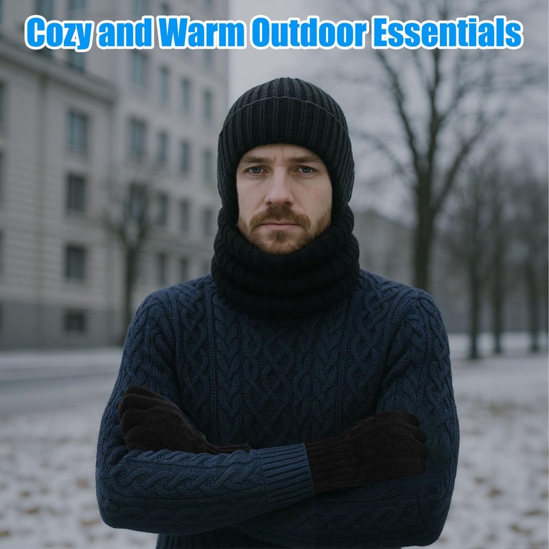 Chicingyou 8 Pcs Winter Warm Beanie Hat Scarf Glove Socks Set for Men Fleece Lining Thermal Knitted Earflap Cap Gift Outdoor(Black Gloves)