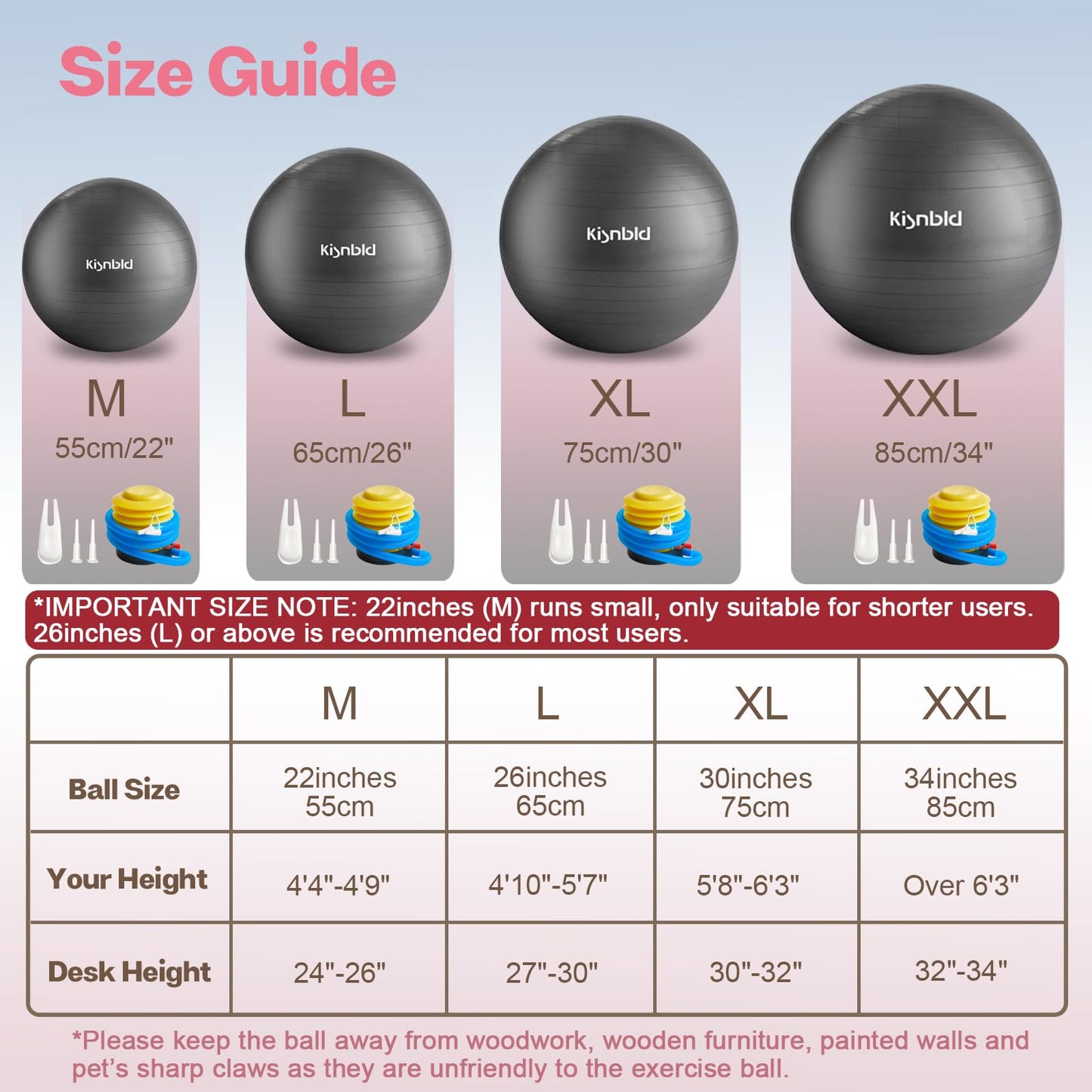 kisnbld Exercise Ball, Extra Thick Yoga Ball for Workout Pregnancy Stability, 4 Sizes Anti-Burst Balance Ball with Foot Pump - Heavy Duty Fitness Ball Chair for Office, Home & Gym