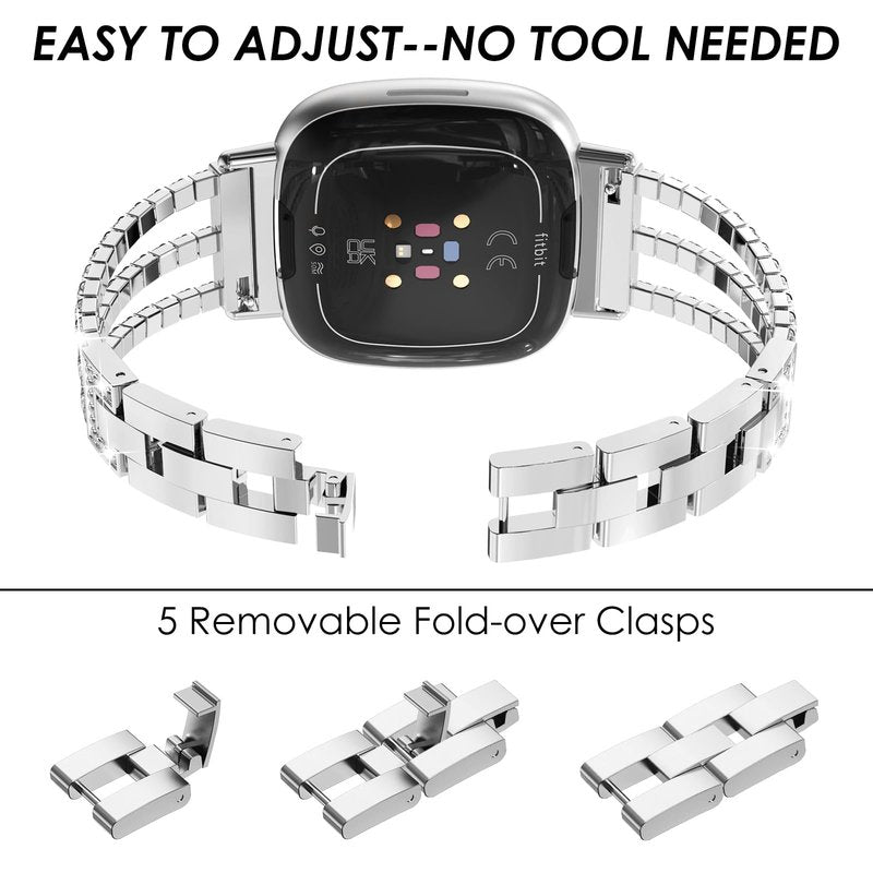 FULLIFE Compatible with Fitbit Versa 3/Fitbit Versa 4 Chain with Crystal Diamond Bling Metal Link Bracelet Strap Steel Fitbit Sense/Fitbit Sense 2 Band for Women, Silver