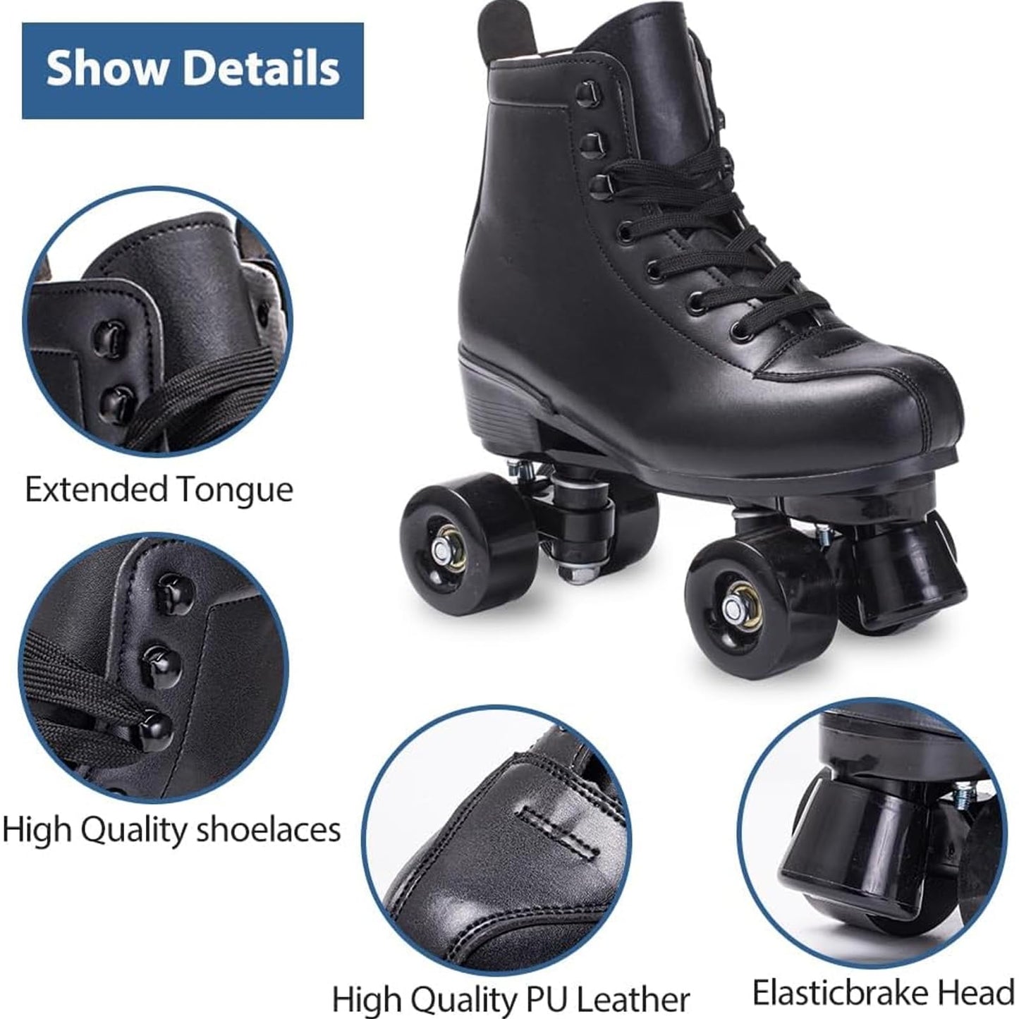 SCNUT Roller Skates Women Men High-Top PU Leather Roller Skate Classic Double-Row Roller Skates Outdoor Indoor Quad-Skates with Light up Shoe Laces (Black Wheel, 46-Women's 12 / Men's 11)