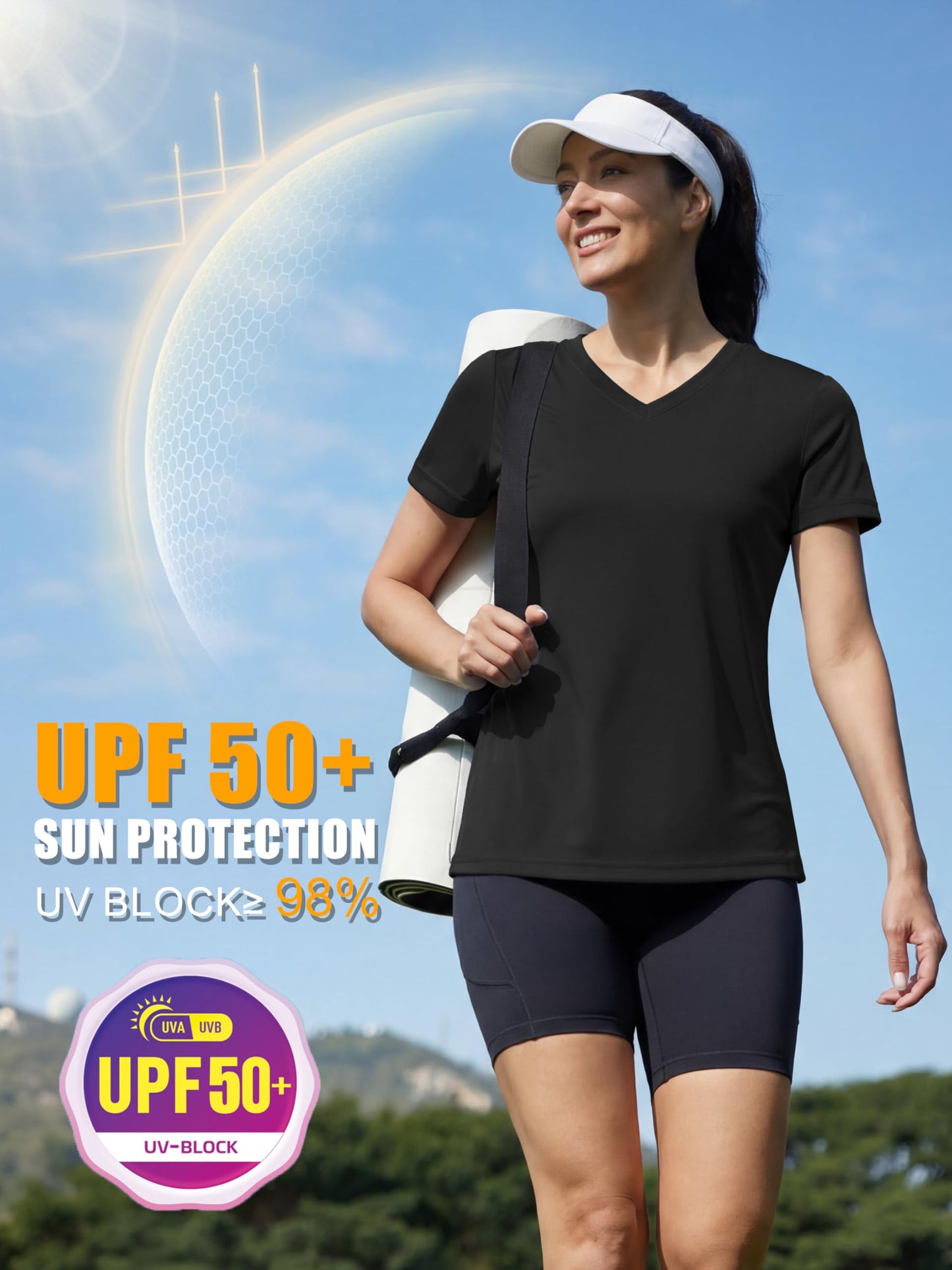 MAGCOMSEN Shirts for Women V Neck Workout Tops Running Dry Fit Sun Protection Shirt UPF 50 Cooling Exercise Top Black L