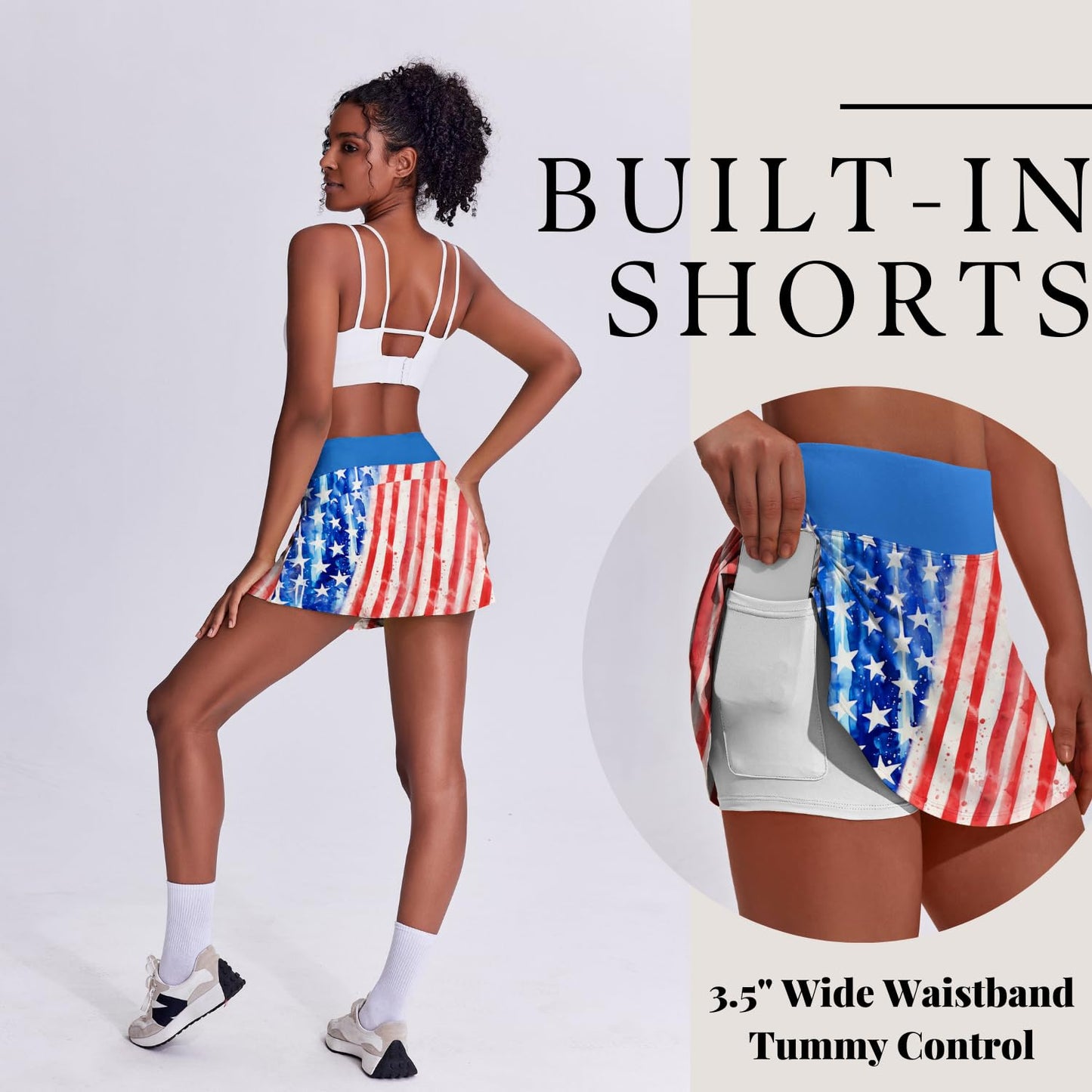 PINSPARK Tennis Skirts Women Pleated Athletic Skirt with Shorts Underneath Wicking Golf Skorts Activewear,Patriot Small