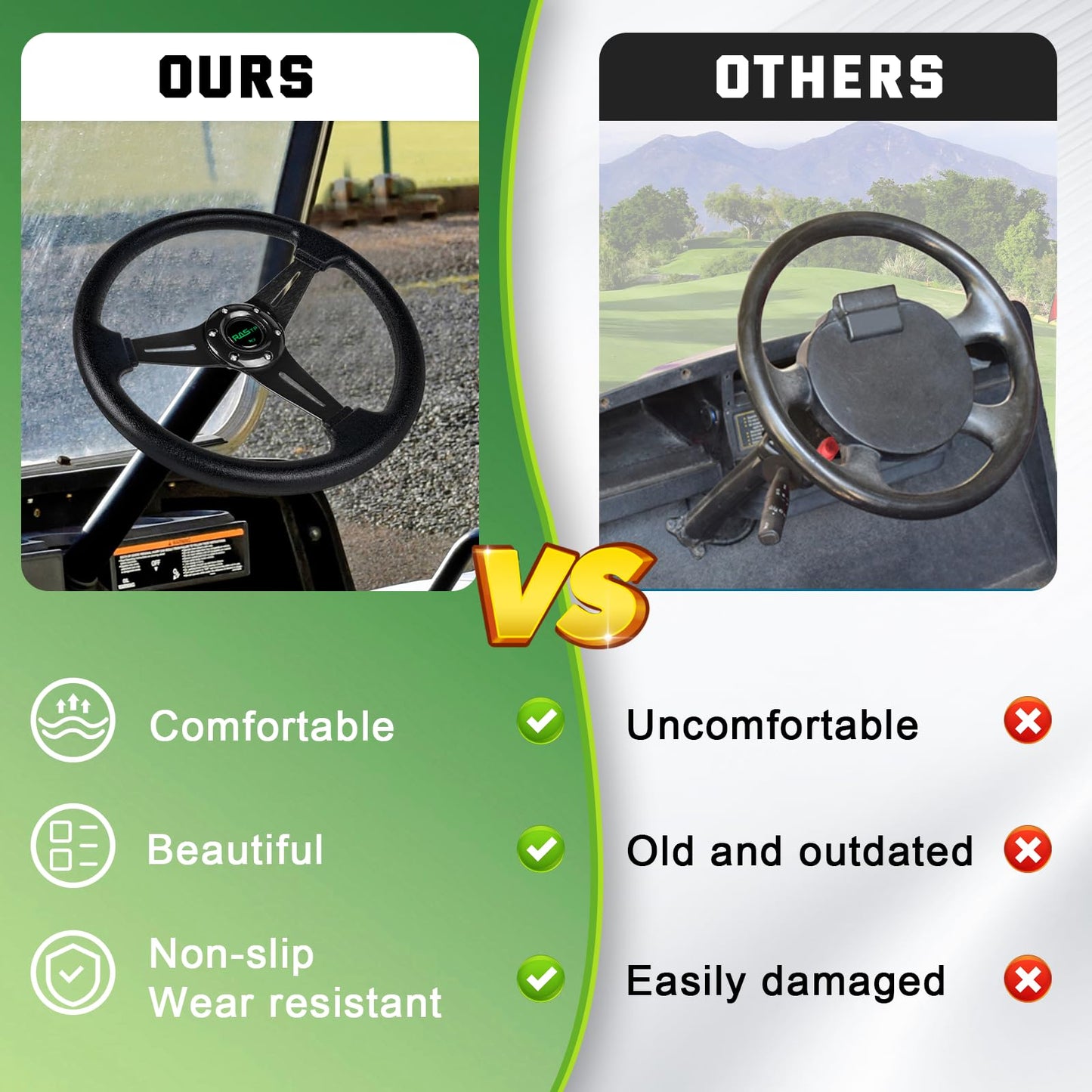 RASTP 13.8'' Golf Cart Steering Wheel for Club Car DS and Club Car DS Precedent EZGO Yamaha Golf Carts(Black)