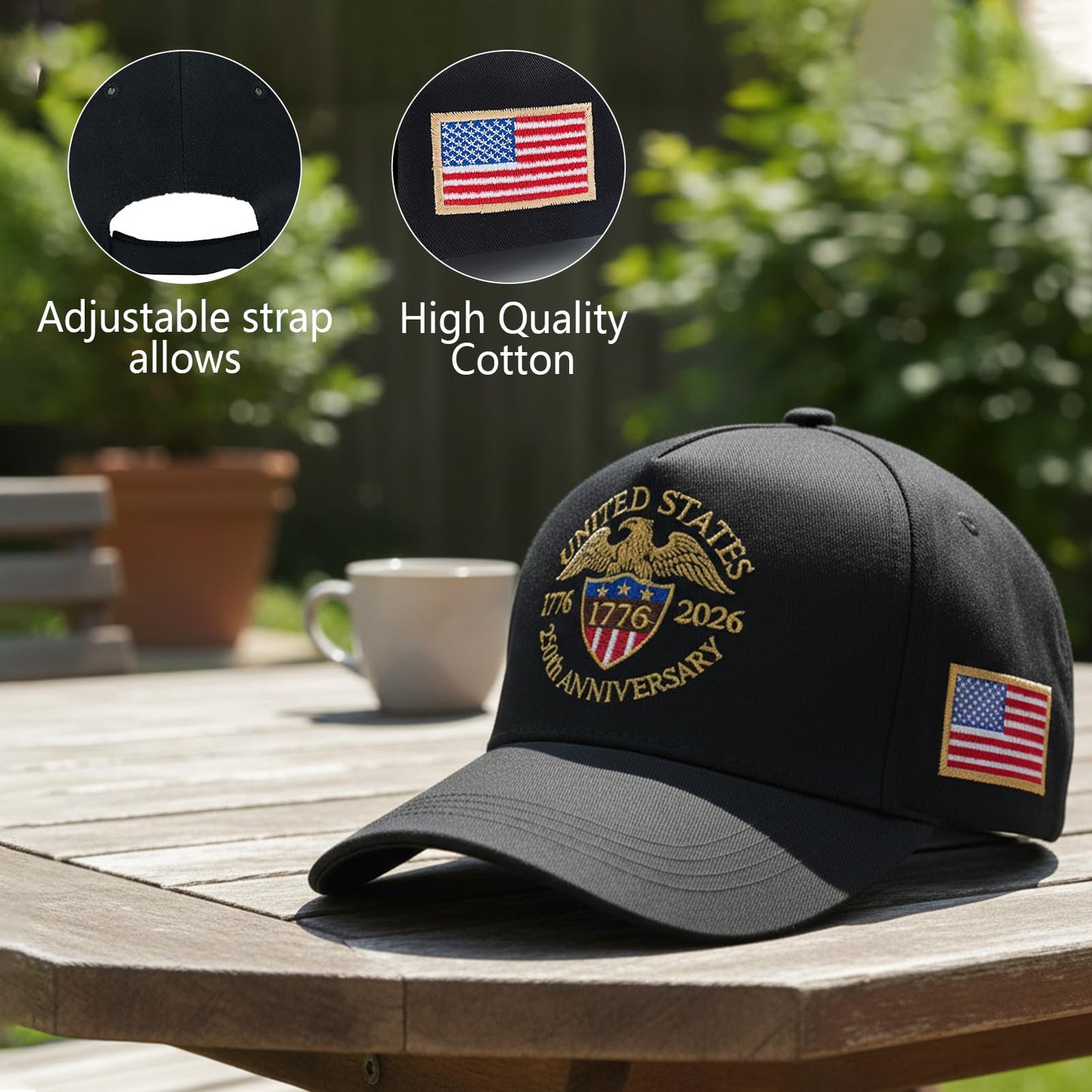 United States 250th Anniversary Baseball Hat,1776-2026 Patriotic Embroidered Adjustable Cap for Men & Women (Black)
