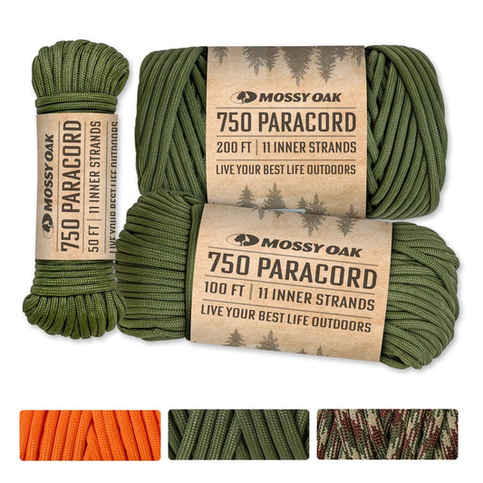 Paracord 750 Heavy Duty Paracord by Mossy Oak 50 FT, 100 FT & 200 FT Lengths - Camping, Fishing, Hunting, Outdoor Use, & DIY Crafting - Available in Camo, Olive Green & Orange Paracord Spools