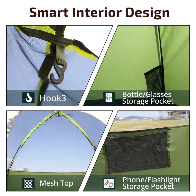 Golabs CT1 2 Person Camping Tent, Easy Set Up in 3 Mins, PU1500mm Waterproof w/Mesh Top & Door with Ventilation, Lightweight 4.4lbs Portable Family Tent with Carry Bag &Interior Storage Pockets &Hook