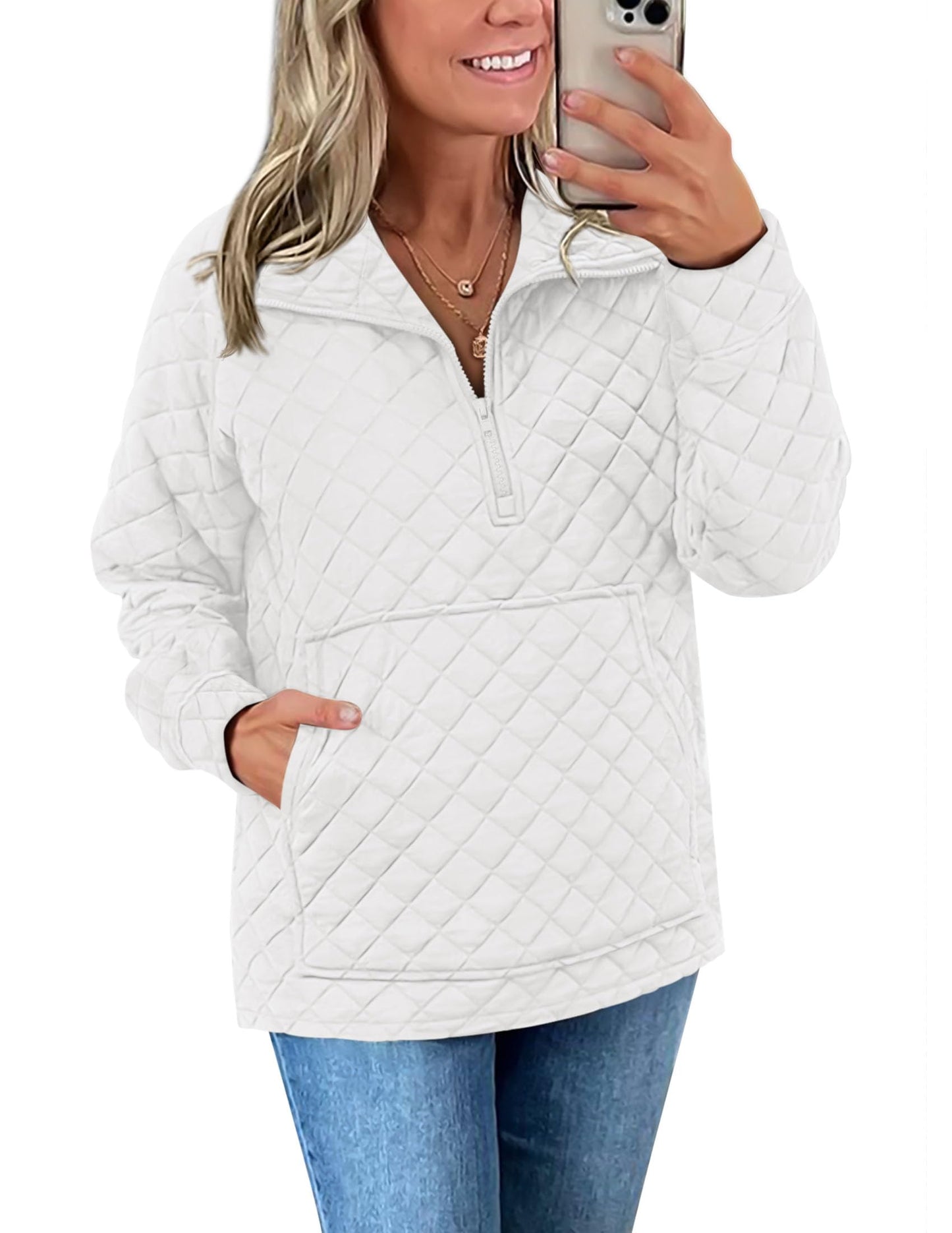 PRETTYGARDEN Women's Winter Quilted Sweatshirt Casual Quarter Zip Collared Long Sleeve V Neck Pullover Tops (White,Large)