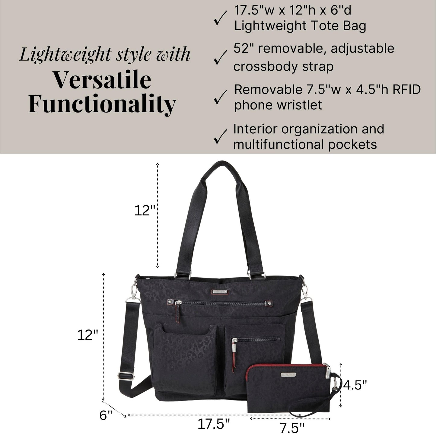 Baggallini Any Day Tote with RFID Phone Wristlet - Adjustable Crossbody Tote Bag for Women - Lightweight Travel Bag