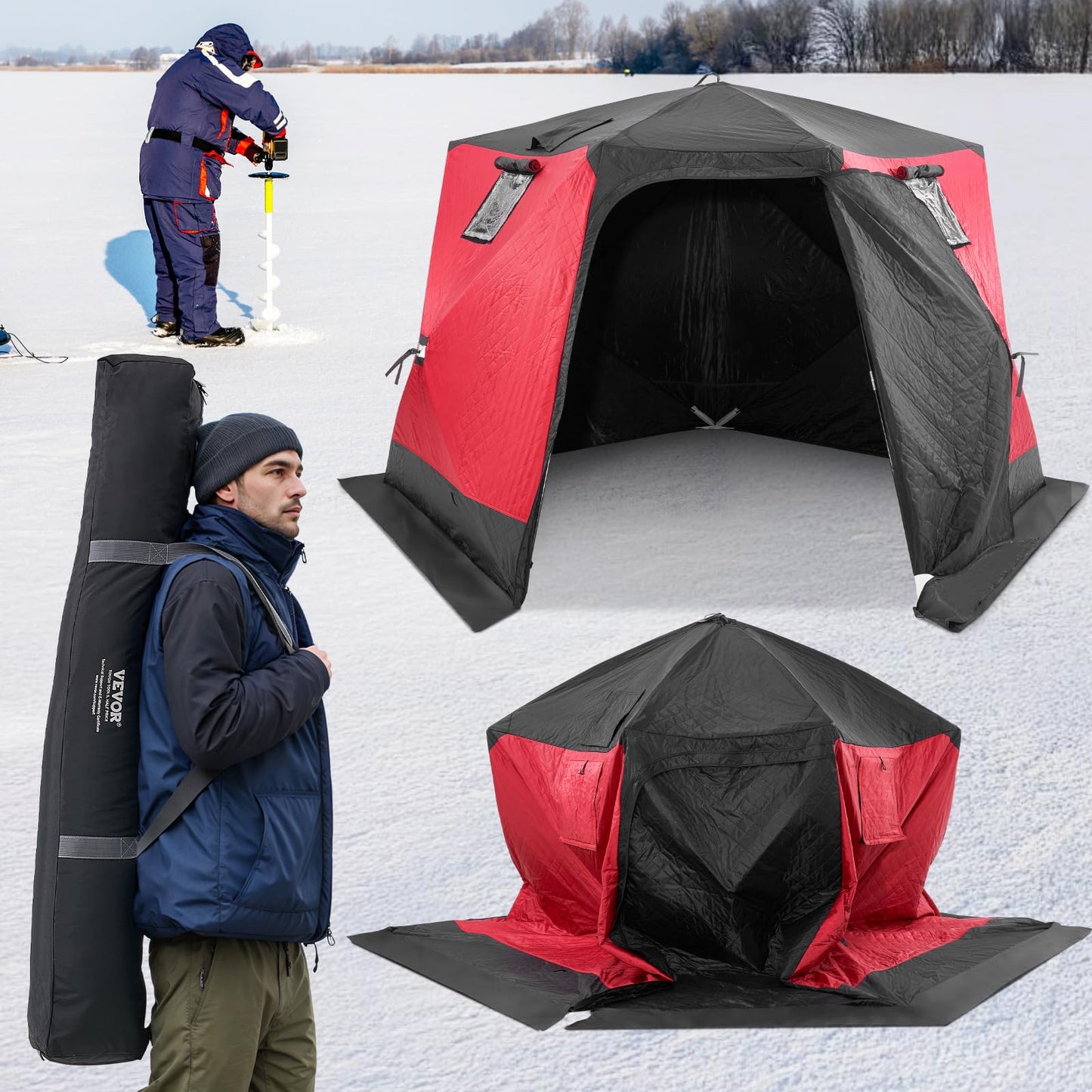 VEVOR Portable Pop-Up Fishing Tent, 24 sq ft Ice Shelter - Hub-Style for Winter Fishing - Waterproof Oxford Shanty with Anchors/Ropes/Bag, 60" x60