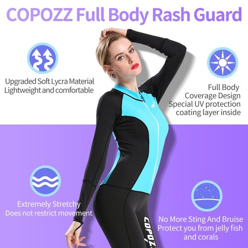 COPOZZ Diving Skin, Men Women Youth Thin Wetsuit Rash Guard- Full Body UV Protection - for Diving Snorkeling Surfing Spearfishing Sport Skin (Black/Blue, Large for Women)