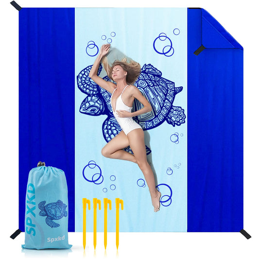 Beach Blanket Waterproof Sandproof Oversized 79" X 83" Soft Durable Light Weight and Portable Beach Mat with Corner Pockets for 4-6 Adults Outdoor Picnic Mat with Pocket for Travel Camping Hiking