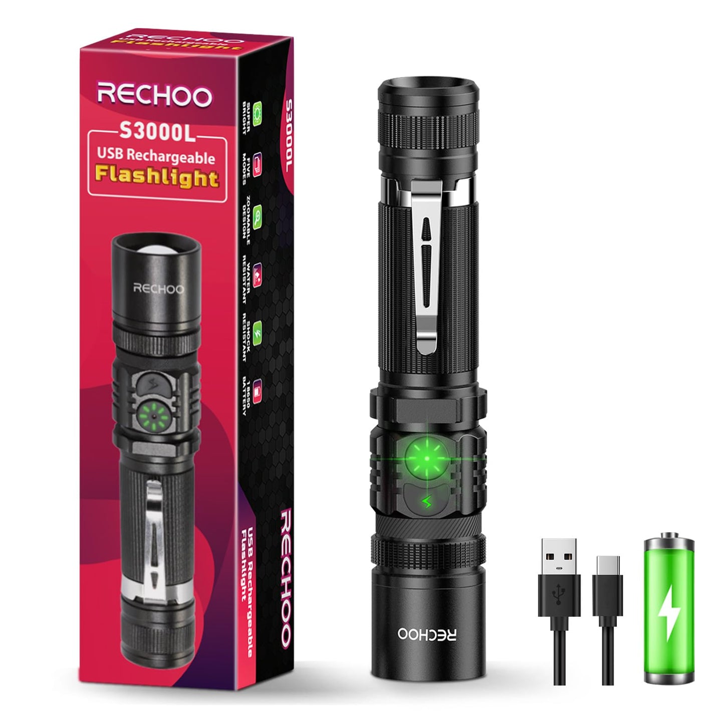 RECHOO Flashlight USB Rechargeable Double Switch S3000L LED Tactical Flashlight High Lumens Super Bright 5 Modes Zoomable Waterproof Flashlight for Camping, Emergency (Battery Included)