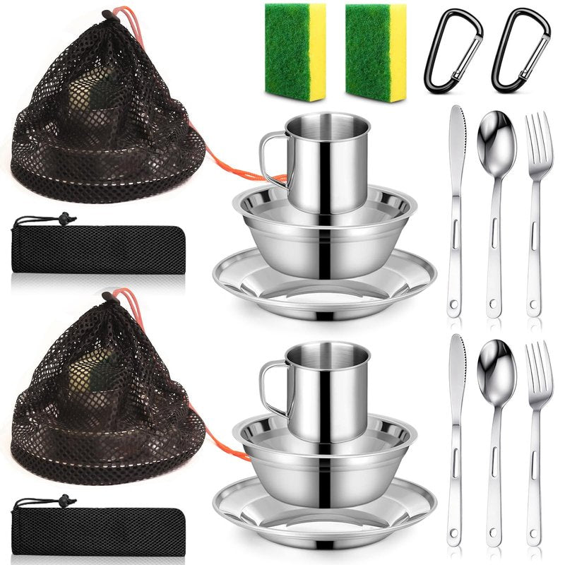 Scout Camping Mess Kit for Person 18/8 Stainless Steel Utensils Camping Dinnerware Kit Boy Scout Dishes Set Girl Scout Mess Kit with Mesh Bag Camping Cutlery Set for Travel Trip School Camp (2 Set)