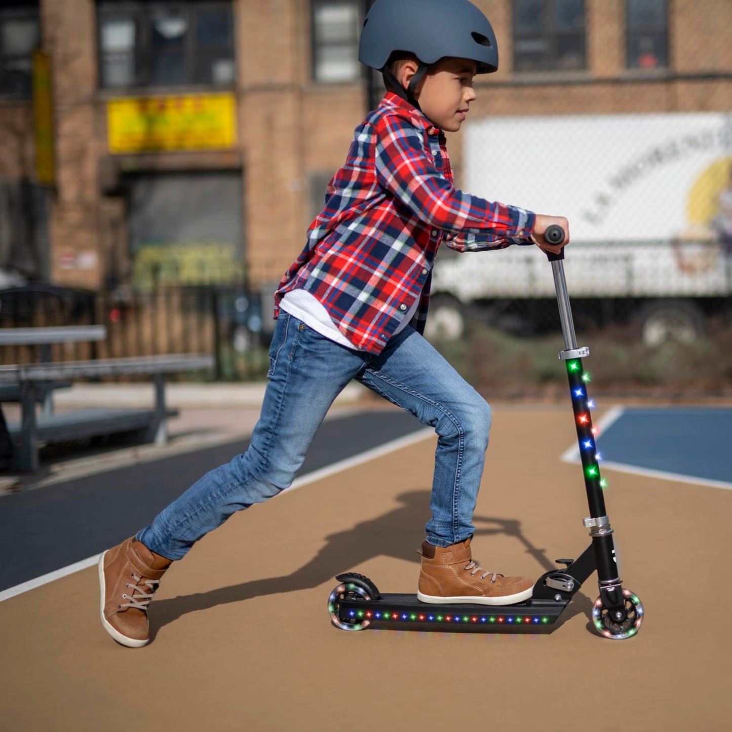 Jetson Scooters - Jupiter Kick Scooter (Blue) - Collapsible Portable Kids Push Scooter - Lightweight Folding Design with High Visibility RGB Light Up LEDs on Stem, Wheels, and Deck