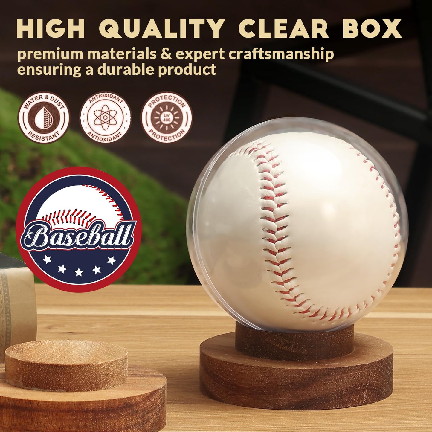 JupDec Baseball Display Case, Round Clear Ball Holder with Wooden Base, Autograph Baseball Stand Box for Single Ball, Acacia Wood, Brown, 2 Pack