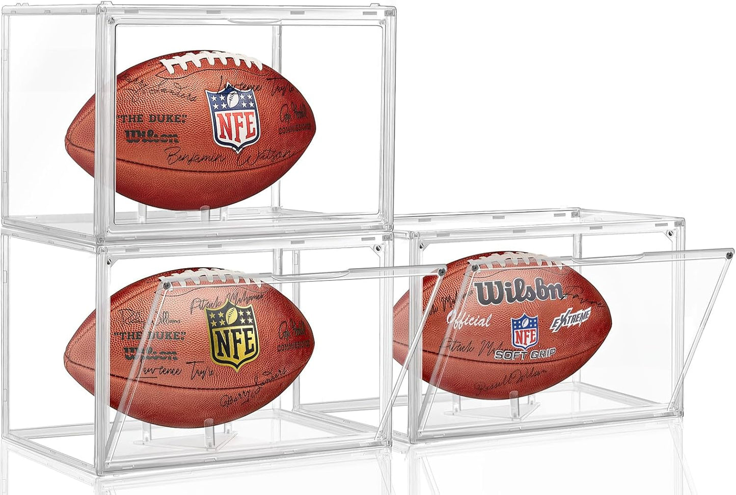 Football Display Case - 3 Pack Clear Acrylic Holder with Magnetic Door | Full Size, Dust & UV Protection
