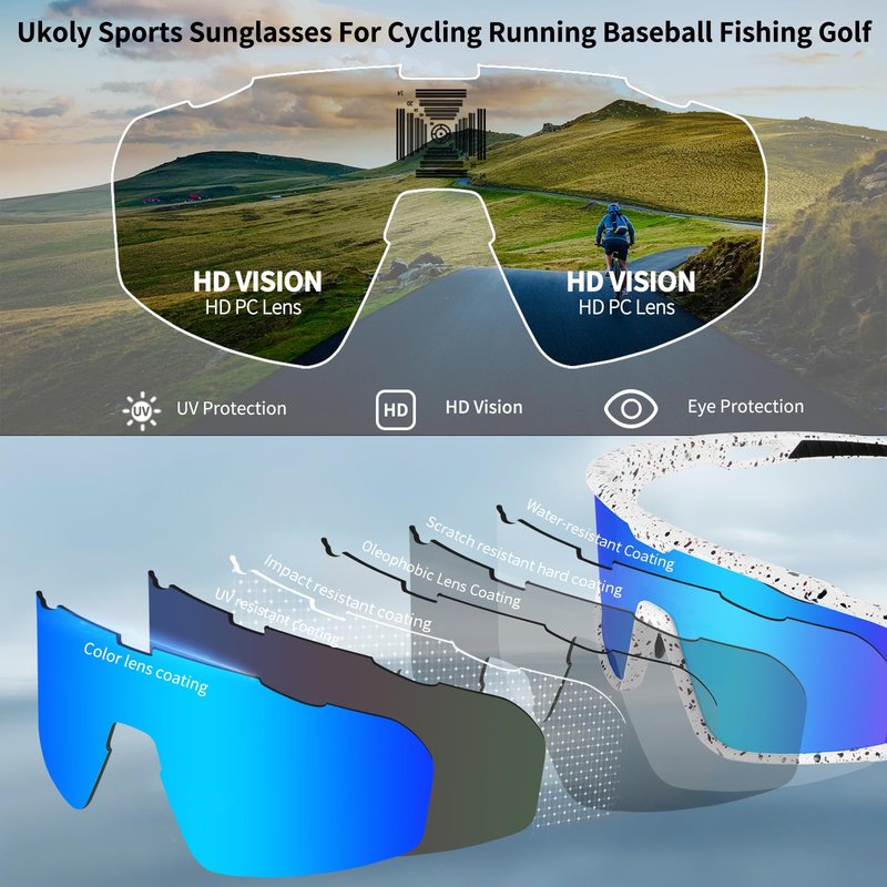 Ukoly Baseball/Running/Fishing Sunglasses Cycling Glasses For Men Women,Sport Sunglasses/Glasses HD Lens UV400 Protection TR90 Frame Windproof 620 WB