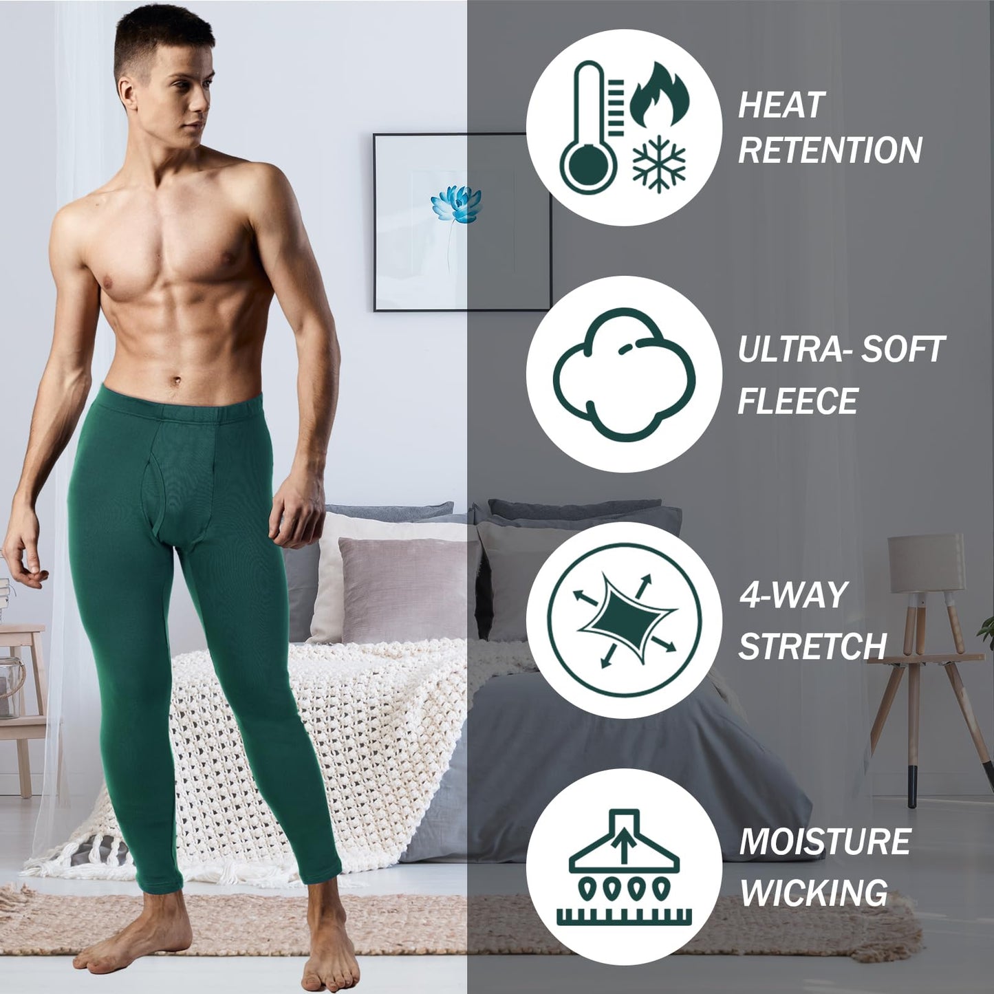 Casuallined 2 Pack Thermal Men Long Underwear Pants Winter Warm Fleece Lined Underwear Bottom Cold Weather Base Layer Legging (Black, Army Green,Large)