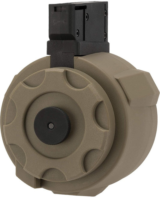 Evike Airsoft - Angel Custom 1500 Round Thunderstorm Electric Winding Drum Airsoft Mag (Model: Airsoft M14 / Dark Earth)
