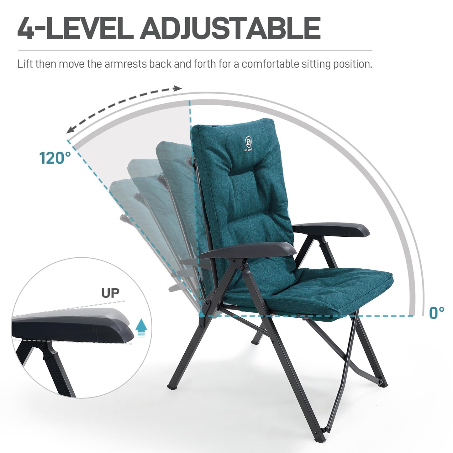 EVER ADVANCED Folding Camping Recliner Chair Fully Padded with Adjustable High Back Support Portable for Adults Patio Reclining Chair Green