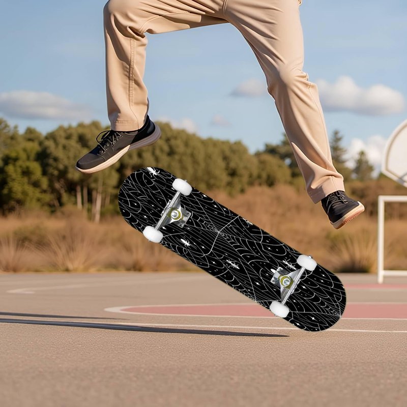 EFTOWEL Skateboards Black Spider Web Seamless Pattern with White Spiders Vector Seamless Classic Concave Skateboard Cool Stuff Teen Gifts Longboard Extreme Sports for Beginners and Professionals