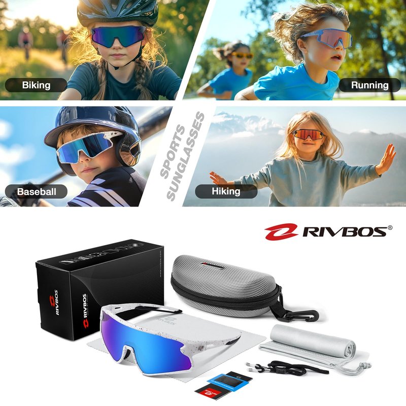 RIVBOS Youth Baseball Sunglasses for Kids(Boys&Girls) Polarized UV Protection Cycling Glasses BlackWhile InkDot Frame IceBlue Lens RYS007