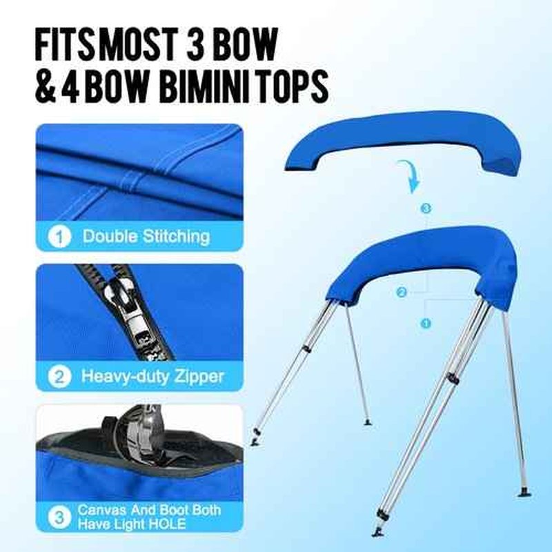 Caminor 4 Bow Bimini Top Replacement Canvas with Light Hole and Storage Boot, 900D Heavy Duty Waterproof Bimini Top Canvas Only Without Frame, 8'L 73"-78" W Blue