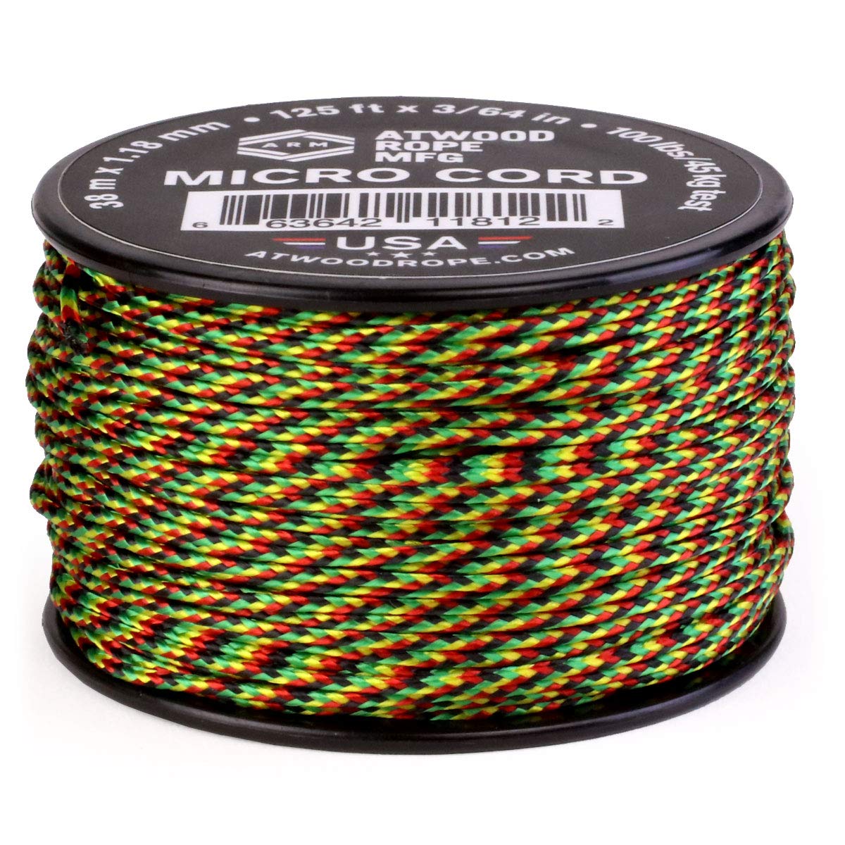Atwood Rope MFG Tactical Nylon/Polyester Micro Utility Cord 1.18mm X 125ft Reusable Spool | Fishing Gear, Jewelry Making, Camping Accessories (Jamaican Me Crazy)