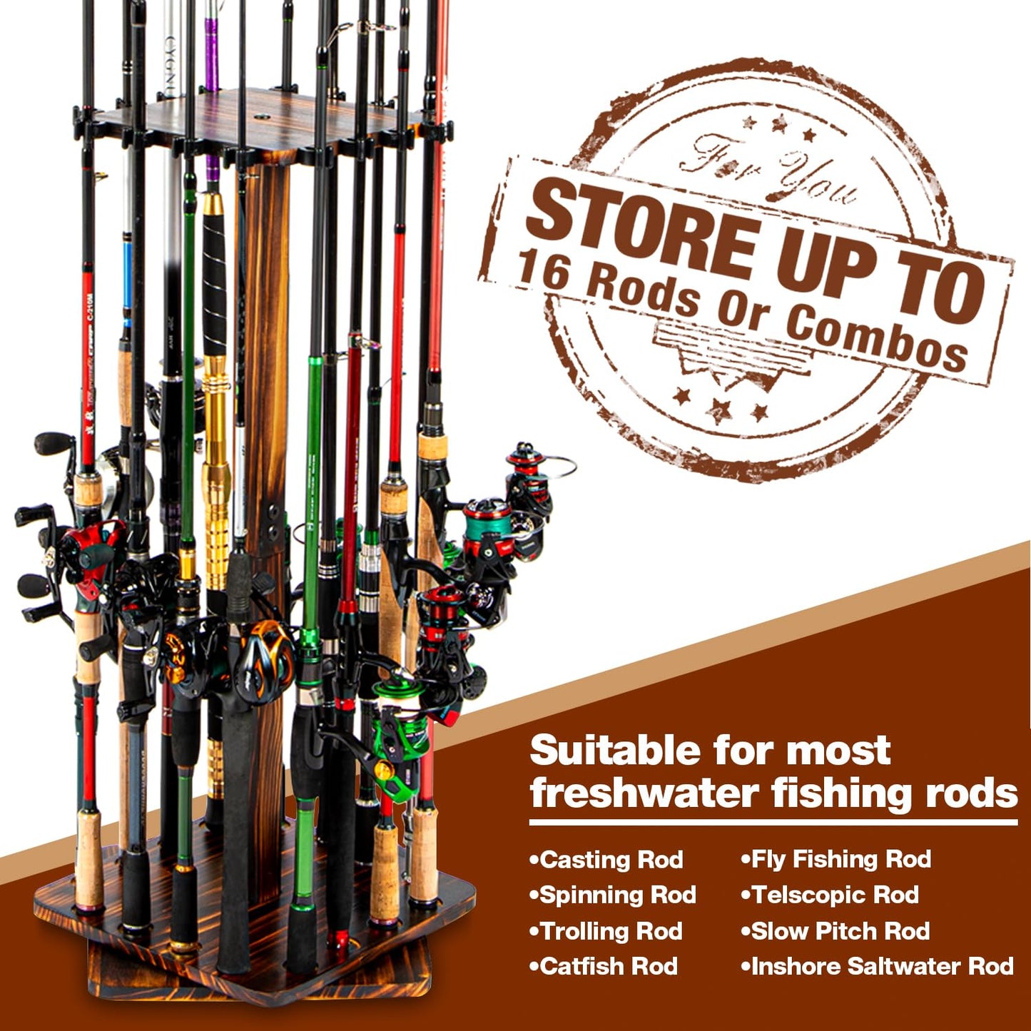 Ghosthorn Rotating Fishing Rod Holder for Garage,Wood Floor Stand Pole Rack