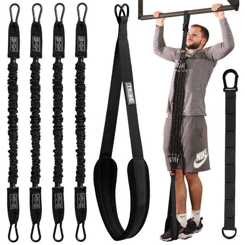 Pull Up Assistance Bands Set - 4 Heavy-Duty Pull Up Bands, Height Adjustable Strap & Comfortable Foot Strap - Stackable Pull Up Resistance Bands for Pull Ups (Military Green)
