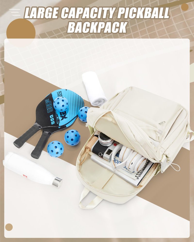 Pickleball Bag, Pickleball Backpack for Women and Men, Paddle Bag Fits 4 Paddles Accessories, Tennis Racket Bags Pickle Ball Backpack Gifts for Sport Lovers, Beige