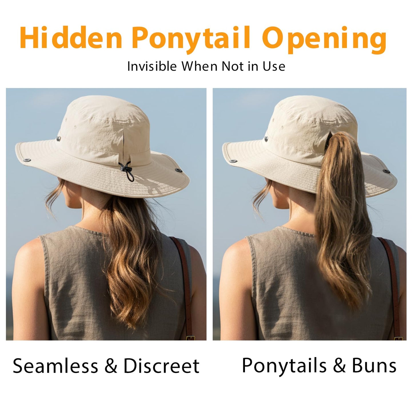 Women’s Sun Hat with Hidden Ponytail Opening, Wide Brim UPF 50+ Waterproof Nylon Bucket Rain Hat with Removable Chin Strap for Outdoor
