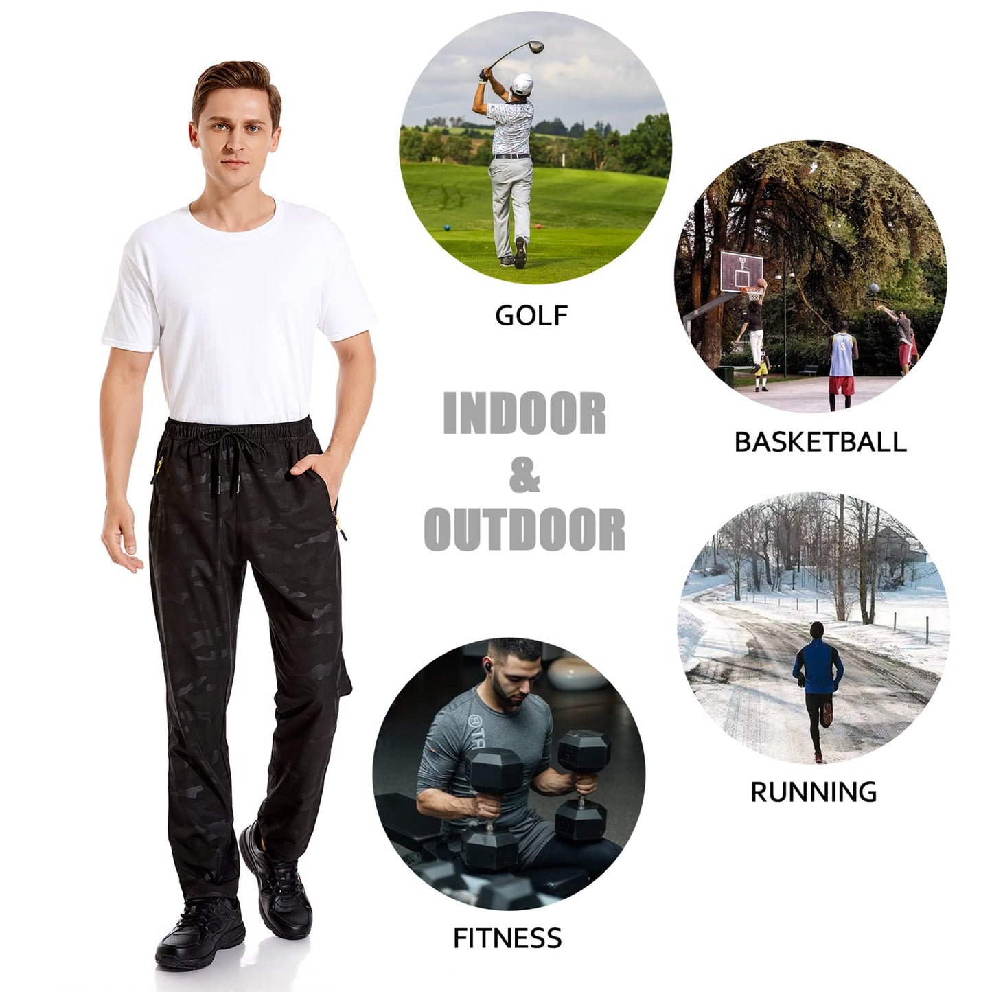 TOKSKS Men's Athletic Pants Lightweight Hiking Pants Quick-Dry Stretch Waist Zipper Pockets Sweatpants for Gym Workout Casual Black-M