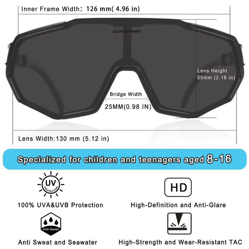 Queshark Kids Sunglasses Polarized, Youth Baseball Sunglasses for 8-16 Boys Girls, Kids Sport Glasses for Cycling Baseball
