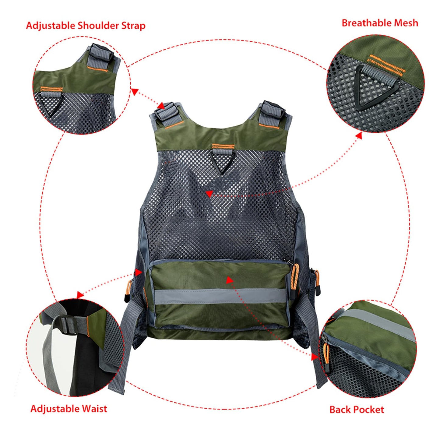 Obcursco Fly Fishing Vest Pack Adjustable for Men and Women with Breathable Mesh, Trout Fishing Gear, for Outdoors Stream Fishing (Army Green)