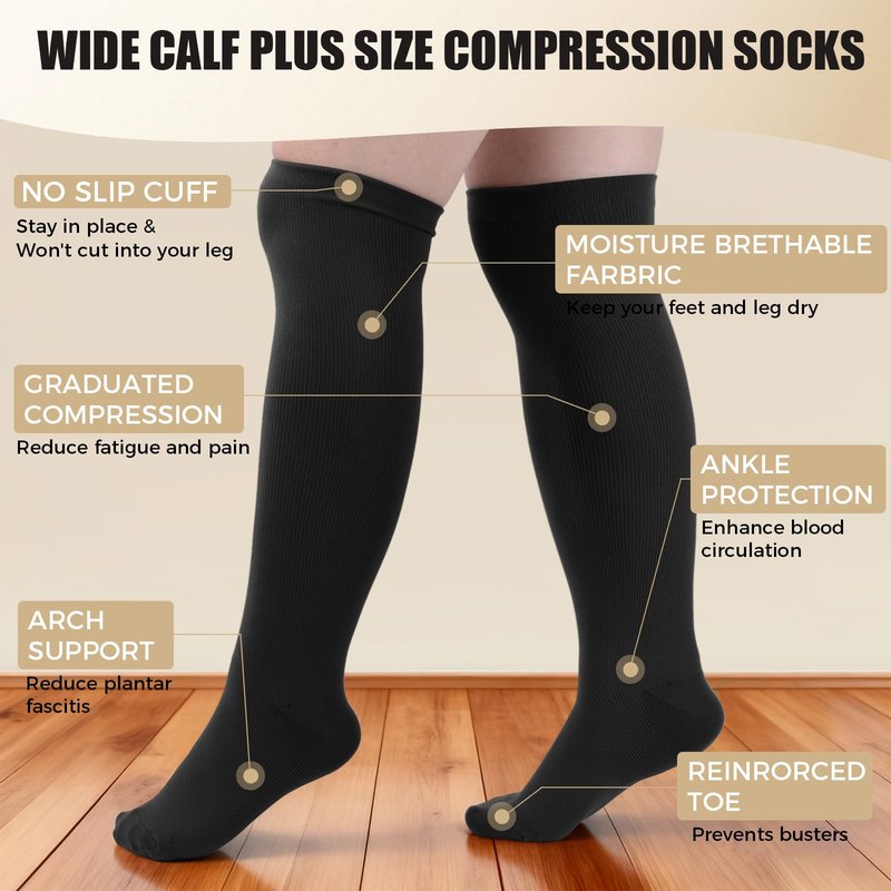 3 Pairs Wide Calf Compression Socks for Women And Men, Plus Size Support Stockings for Circulation, 15-20mmHg Knee High Socks