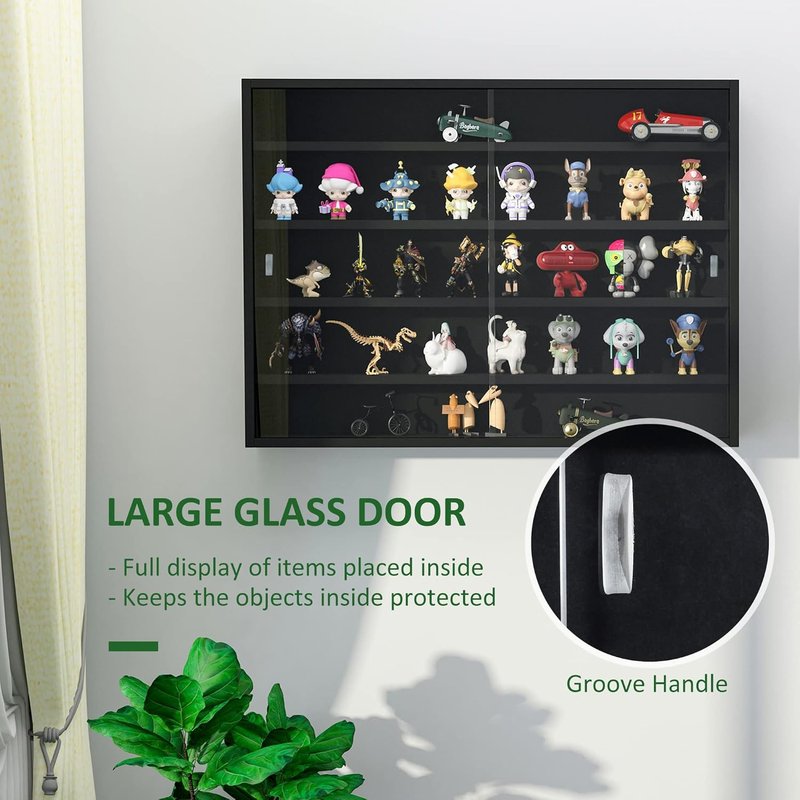 5-Tier Display Cabinet - Glass Door Design with Adjustable Shelves | Wall-Mounted for Playroom or Bedroom - Black