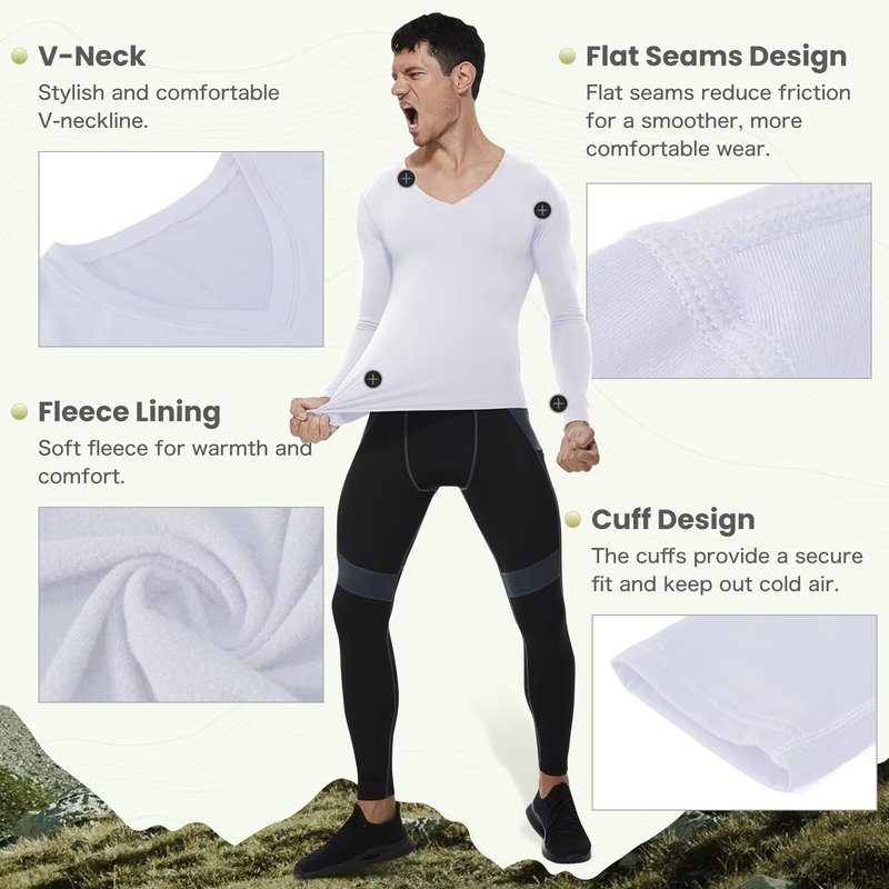 Tesuwel Thermal Shirts for Men Cold Weather Warm Men's Compression Shirts for Running Ski Base Layer Mens Fleece Lined Athletic Underwear Tops for Sports Hiking,High Wicking 511 White L
