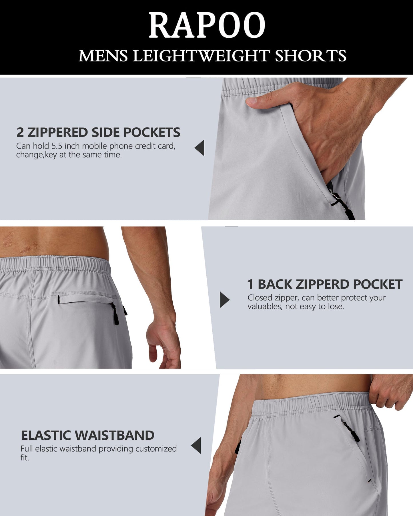 Rapoo Mens Elastic Waist Shorts Mens Gym Workout Athletic Shorts 7 Inch Inseam with Zipper Pockets Summer Quick Dry Lightweight Breathable Sports Running Shorts for Men LightGray XL