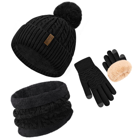 3Pcs Winter Beanie Hat Scarf Gloves Set for Women Thick Warm Knit Fleece Lined Skull Cap Neck Warmer Touch Screen Gloves Black