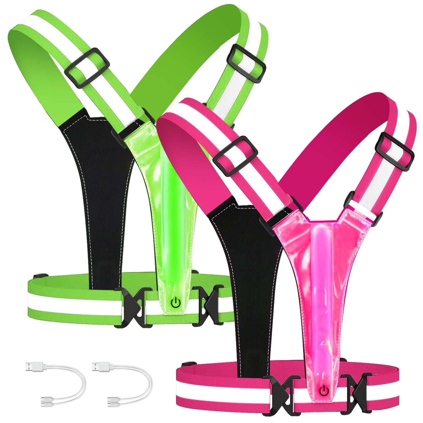 ELLUMIN LED Reflective Running Vest Gear, Rechargeable 5 Lights Colors High-Visibility Gear with Adjustable Waist/Shoulder for Man Woman Night Running Cycling Walking Dogs(Pink & Green)