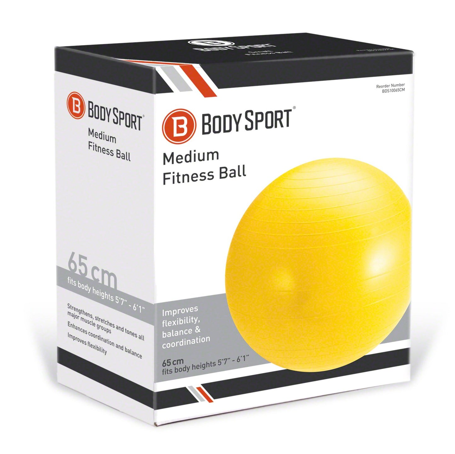 Body Sport Exercise Ball with Pump for Home, Gym, Balance, Stability, Pilates, Core Strength, Stretching, Yoga, Fitness Facilities, Desk Chairs – Yellow 65cm