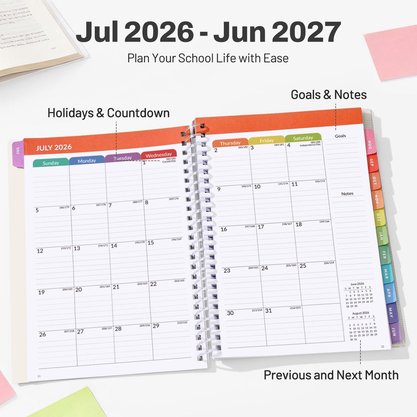 Student Planner 2026-2027, SUNEE Academic Weekly & Monthly Plan Book, Jul. 2026 - Jun. 2027, 6.5"×8.3" Middle & High School Planner, Lesson Plan Book with Week's Goals, Bookmark, Monthly Tabs, Black