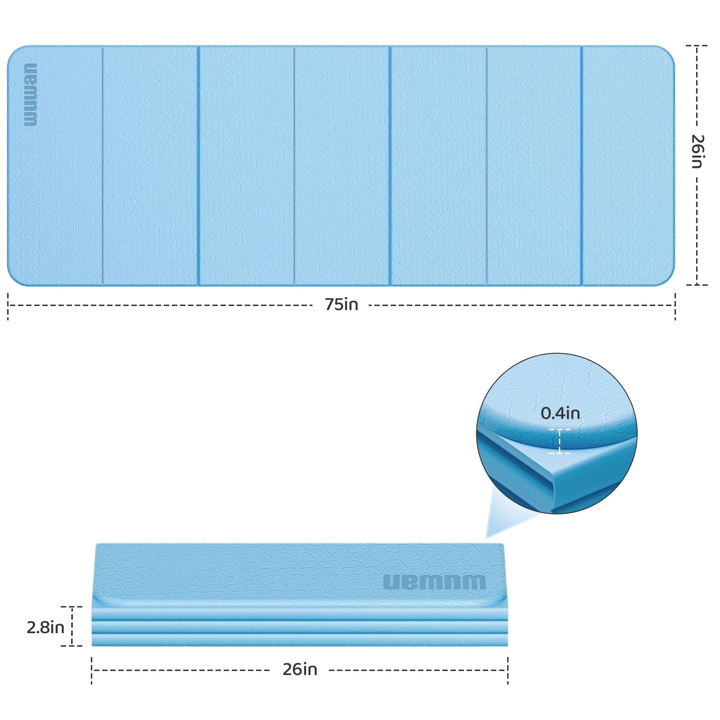 Folding Yoga Mat Extra Thick 0.4 Inch, Foldable Yoga Mat 75 x 26 Inches, TPE Exercise Mat, 7-Panel Non Slip Cushioned Fitness Mat for Yoga, Pilates, Stretching, Home Workout (Blue)