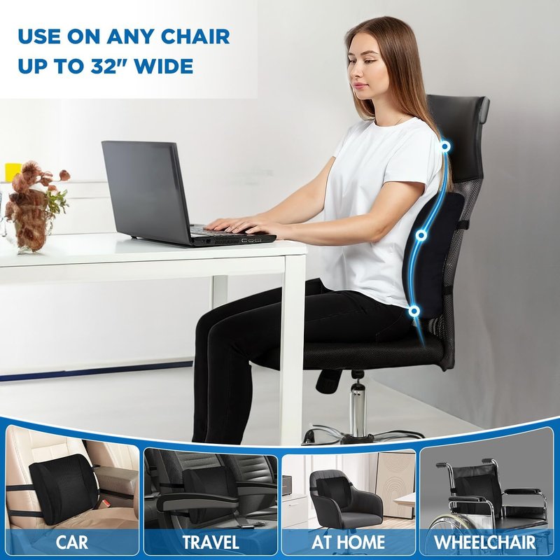 Lumbar Support Pillow - Memory Foam Cushion for Office & Gaming Chair | Ergonomic Back Pain Relief with 3D Mesh Cover