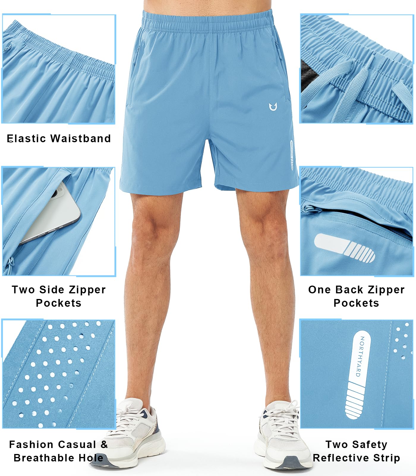 NORTHYARD Men's Athletic Running Shorts Gym Workout 7"/9"/5" Quick Dry Lightweight Sports Basketball Tennis 3 Zipper Pockets SKYBLUE-5inch S