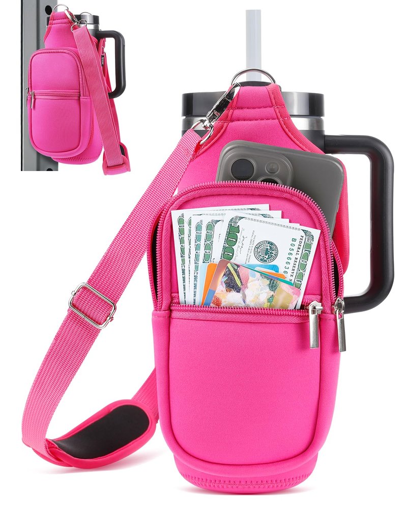 IPOW Magnetic Gym Bag Water Bottle Carrier Holder with Phone Pockets & Shoulder Strap for Men Women,Water Bottle Holder, Gym Pouch, Crossbody Bag for Travel, Sports, Work, Fitness - Rose Pink