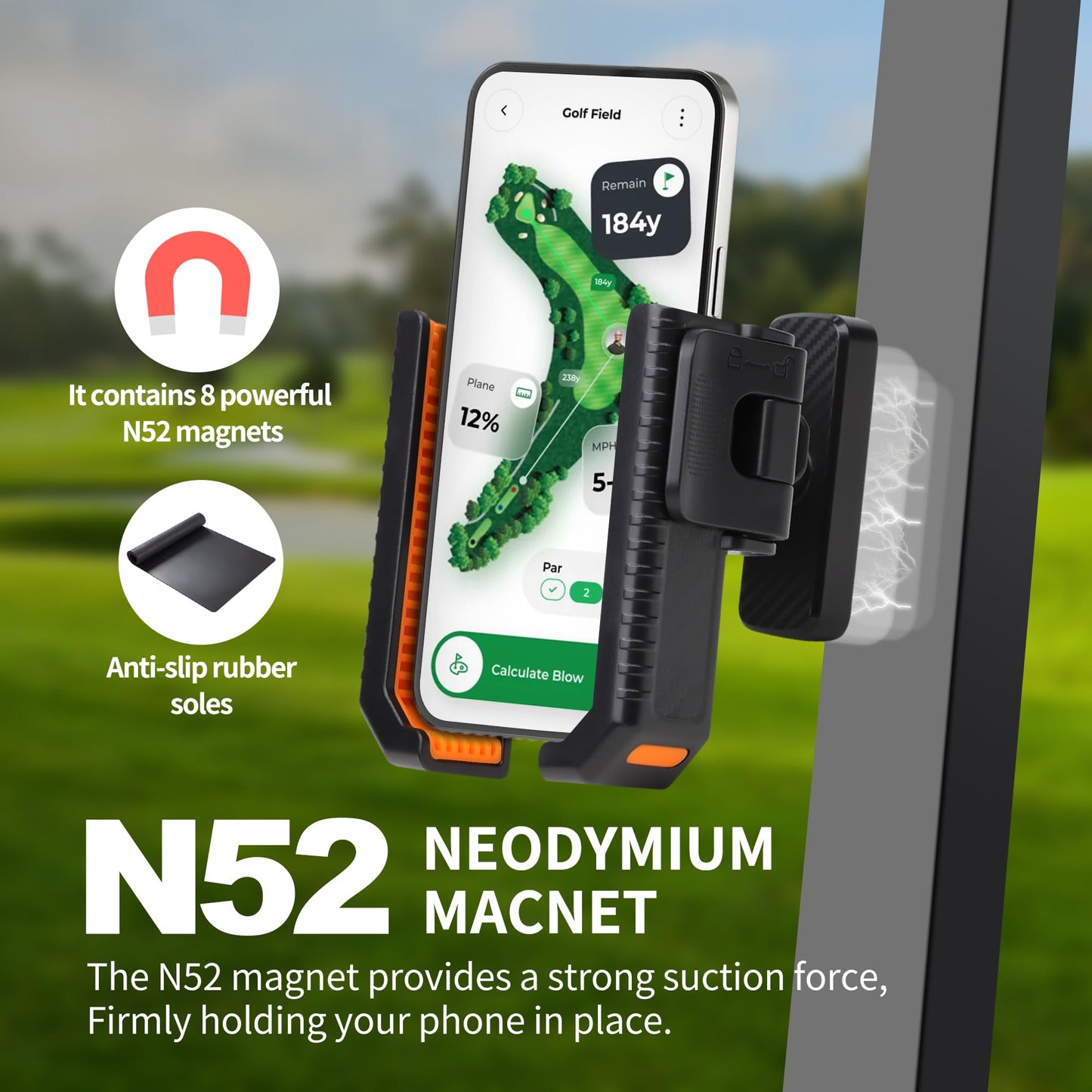 ROWFEN Phone Holder for Golf Cart - Golf Phone Holder with 2 Bases (Magnetic Base & Clamp Base), 360° Rotation, Universal Fit for Smartphones/Thick Cases, Secure Hands-Free Golf Accessories (Orange)